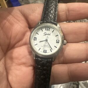 Working Vintage Speidel‎ Ladies Watch Black Leather Quartz 28mm Fit 7in New Batt